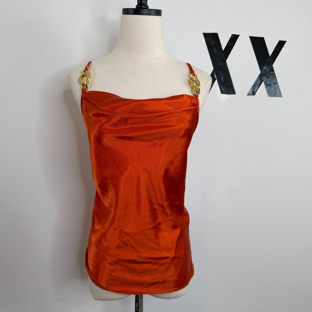 Vintage Y2K Nicole Miller Burnt Orange Satin Chain Strap Cami Top USA M